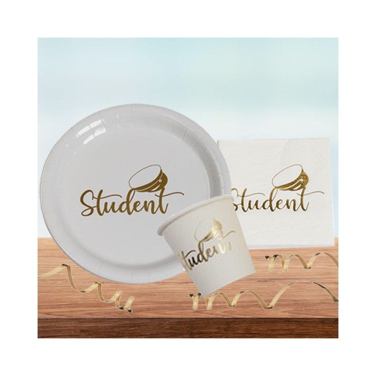 Studentdukning vit/guld enkel 8 pers