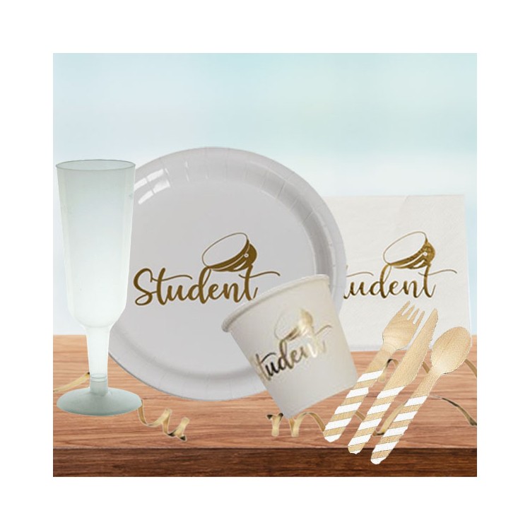 Studentdukning vit/guld mellan 8 pers