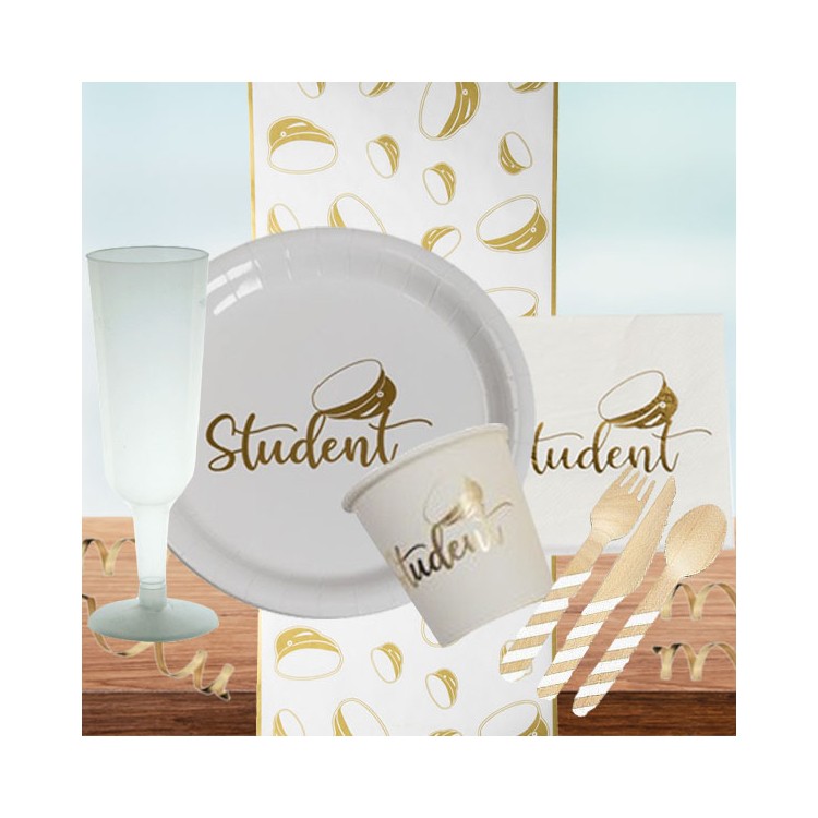 Studentdukning vit/guld lyx 8 pers