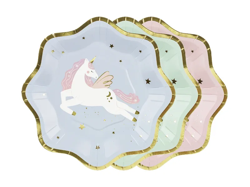 Papptallrikar med enhörningsmotiv och gulddetaljer